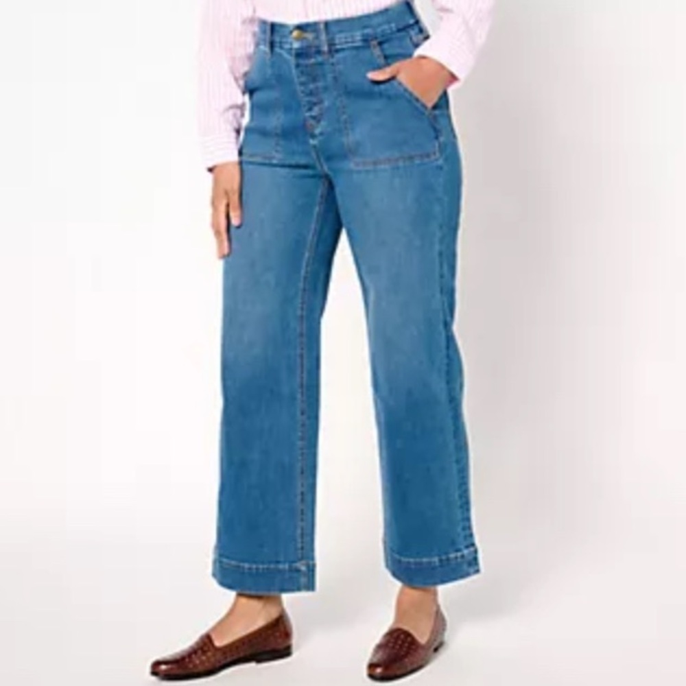 Denim & Co. Regular Indigo Easy Stretch Wide Leg Ankle Jean Size 12 Medium Wash